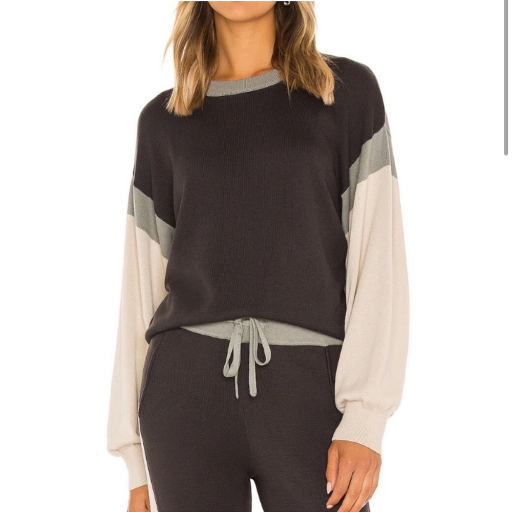 Monrow Black, Cream & Gray Colorblock Crewneck Sweater